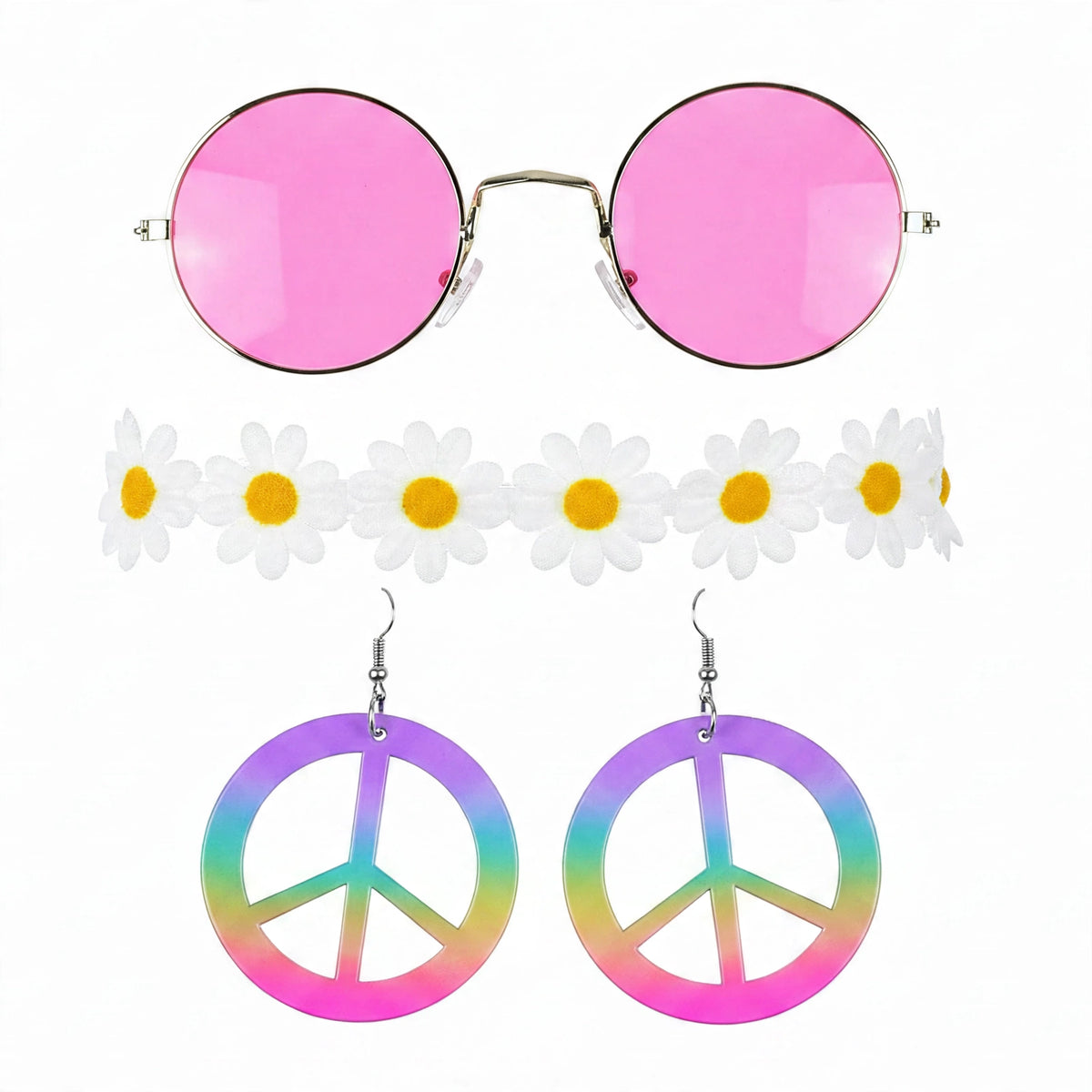 Close-up of pink round sunglasses, white daisy flower crown headband, and rainbow peace sign drop earrings from the adult hippie accessory set