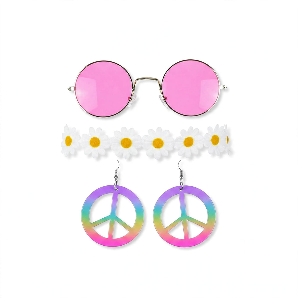 Adult hippie fancy dress accessory set with pink round sunglasses, white daisy flower crown headband, and rainbow peace sign earrings