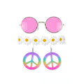 Adult hippie fancy dress accessory set with pink round sunglasses, white daisy flower crown headband, and rainbow peace sign earrings
