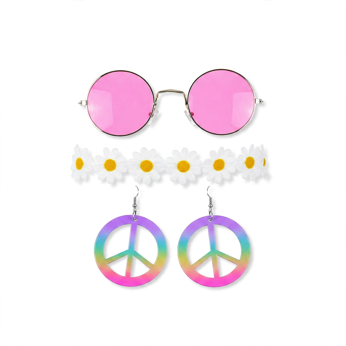 Adult hippie fancy dress accessory set with pink round sunglasses, white daisy flower crown headband, and rainbow peace sign earrings