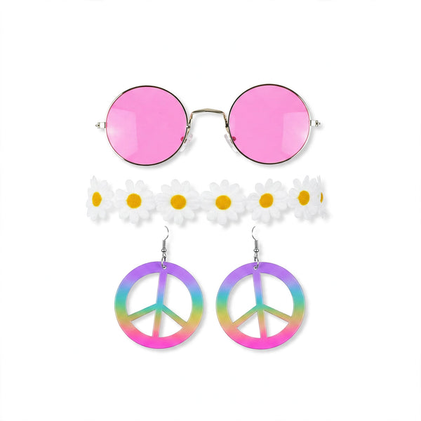 Adult hippie fancy dress accessory set with pink round sunglasses, white daisy flower crown headband, and rainbow peace sign earrings