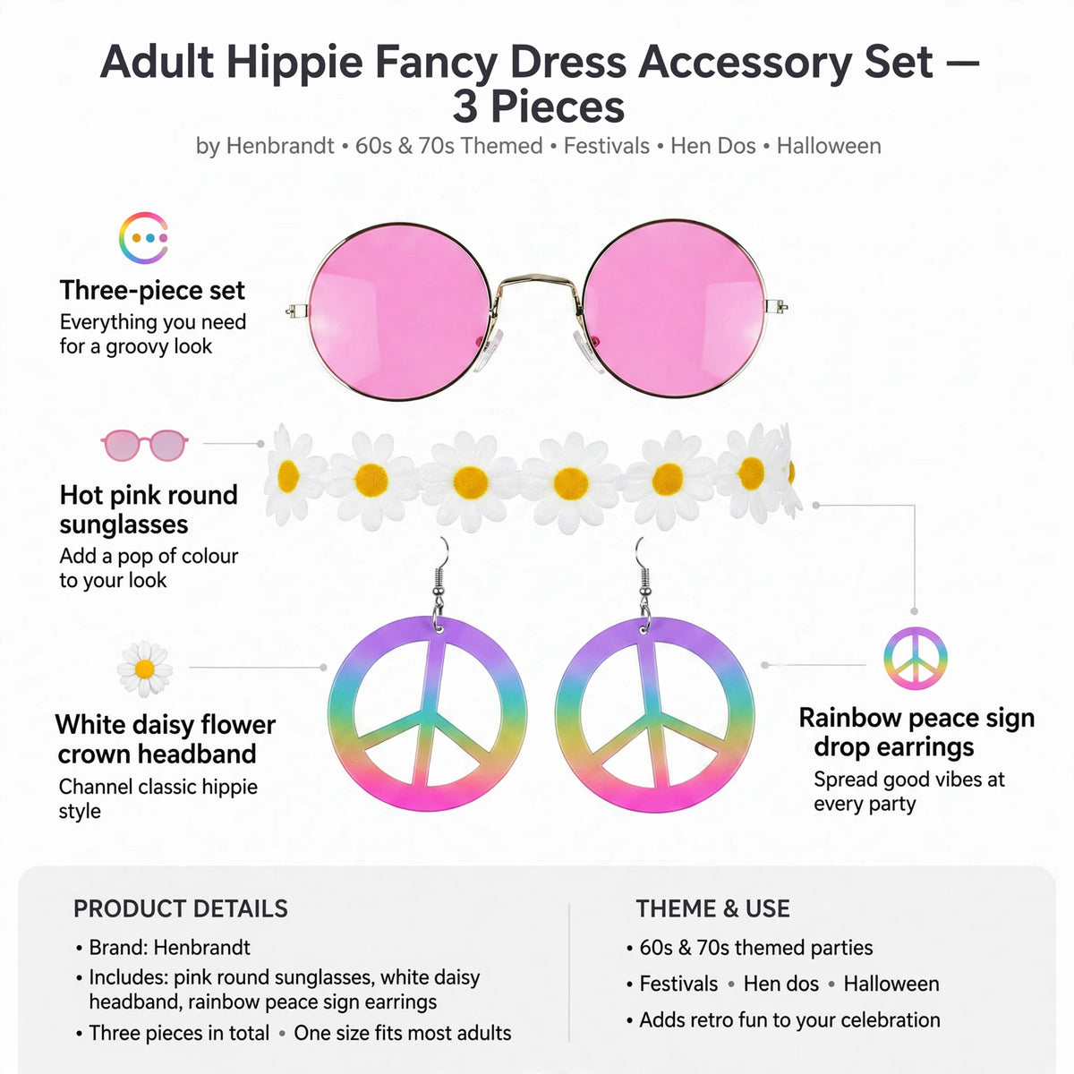 Infographic showing three-piece set including pink round sunglasses, white daisy flower crown headband, and rainbow peace sign earrings
