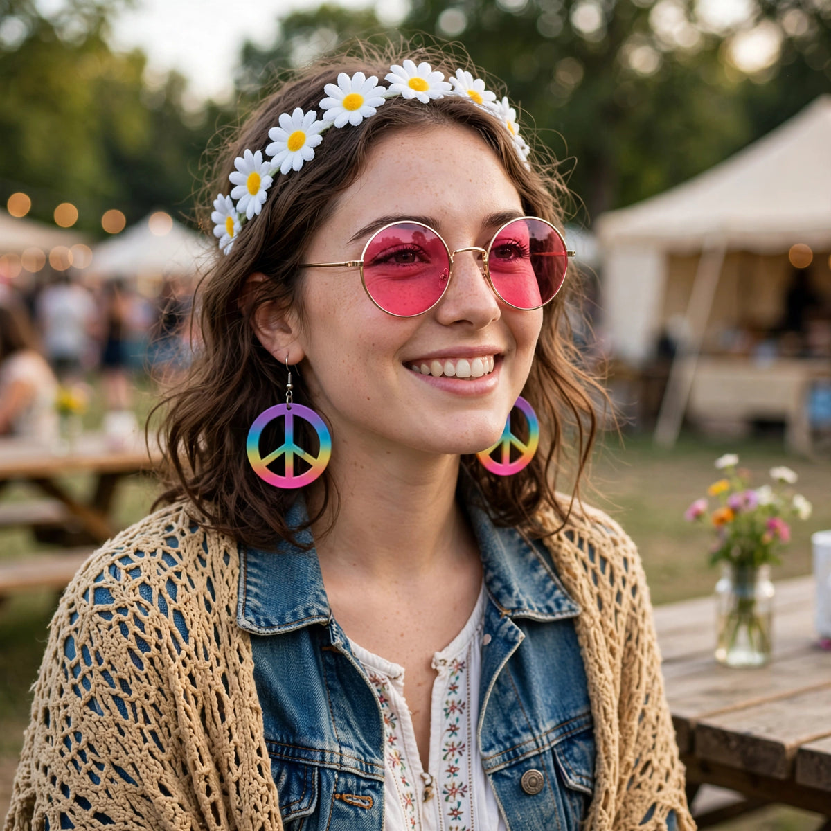 Adult hippie fancy dress accessory set worn for 60s and 70s themed parties, retro festivals, hen dos, and Halloween