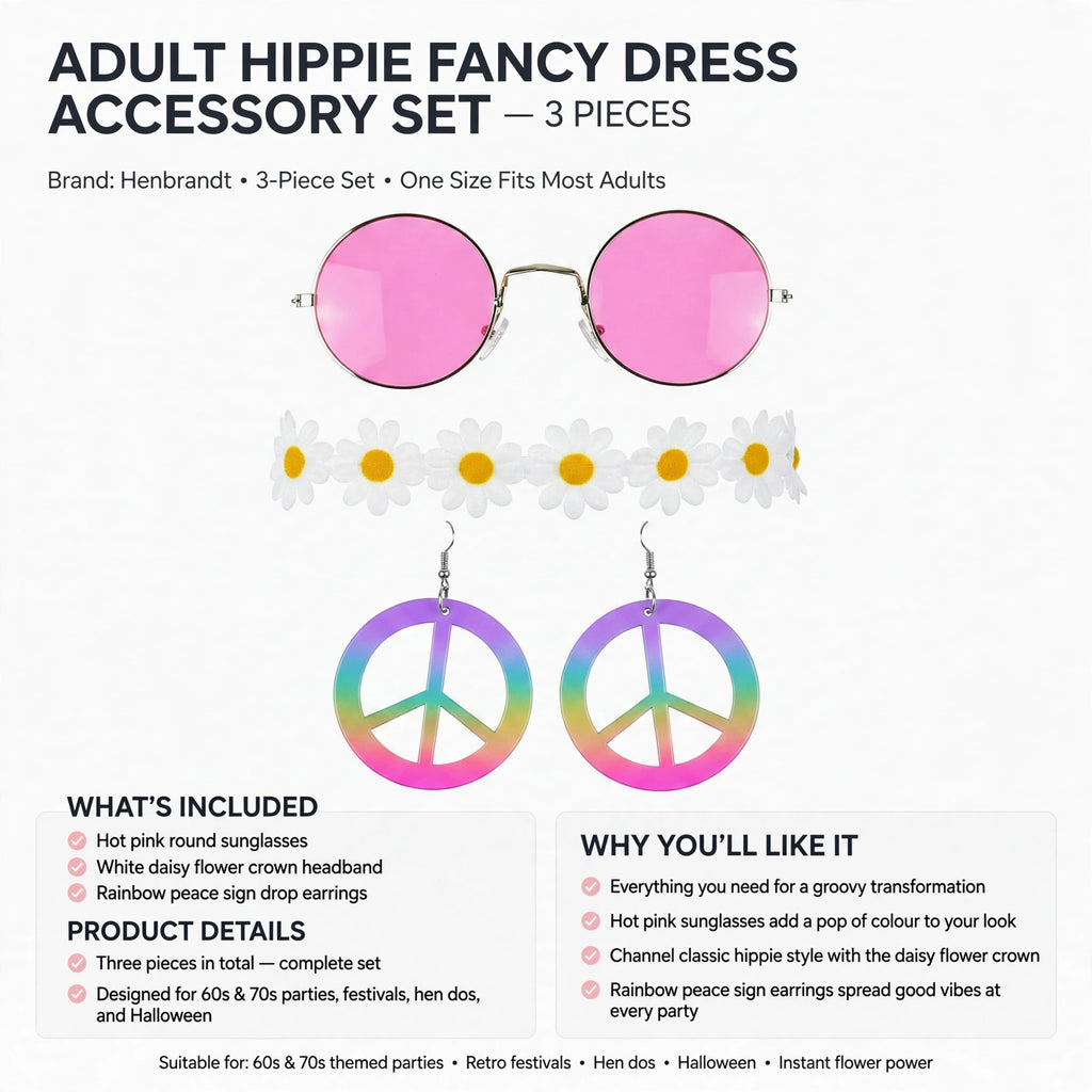 Adult hippie fancy dress accessory set includes three pieces for 60s and 70s themed parties, festivals, hen dos, and Halloween