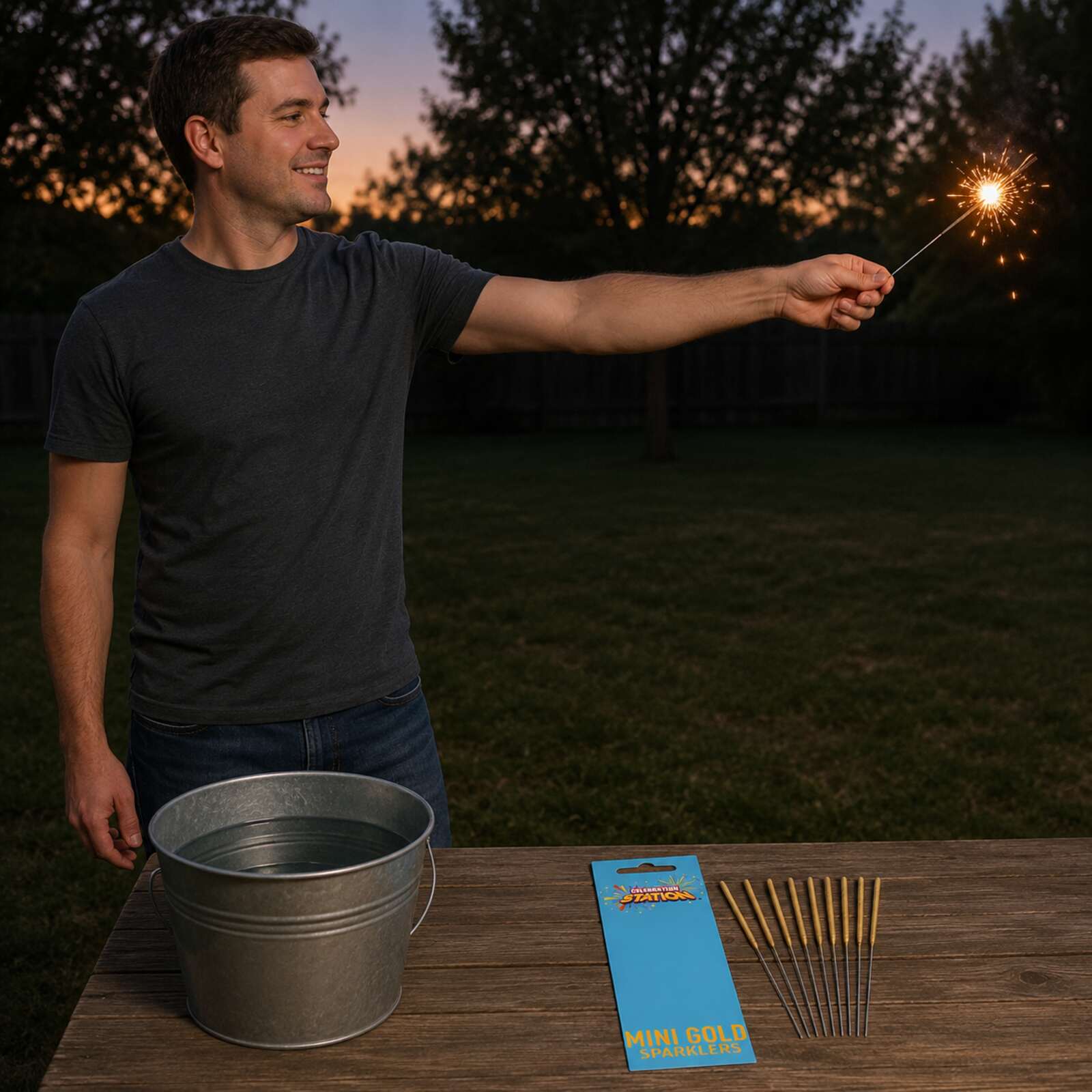 Adult safely holding one lit gold mini sparkler outdoors with water bucket