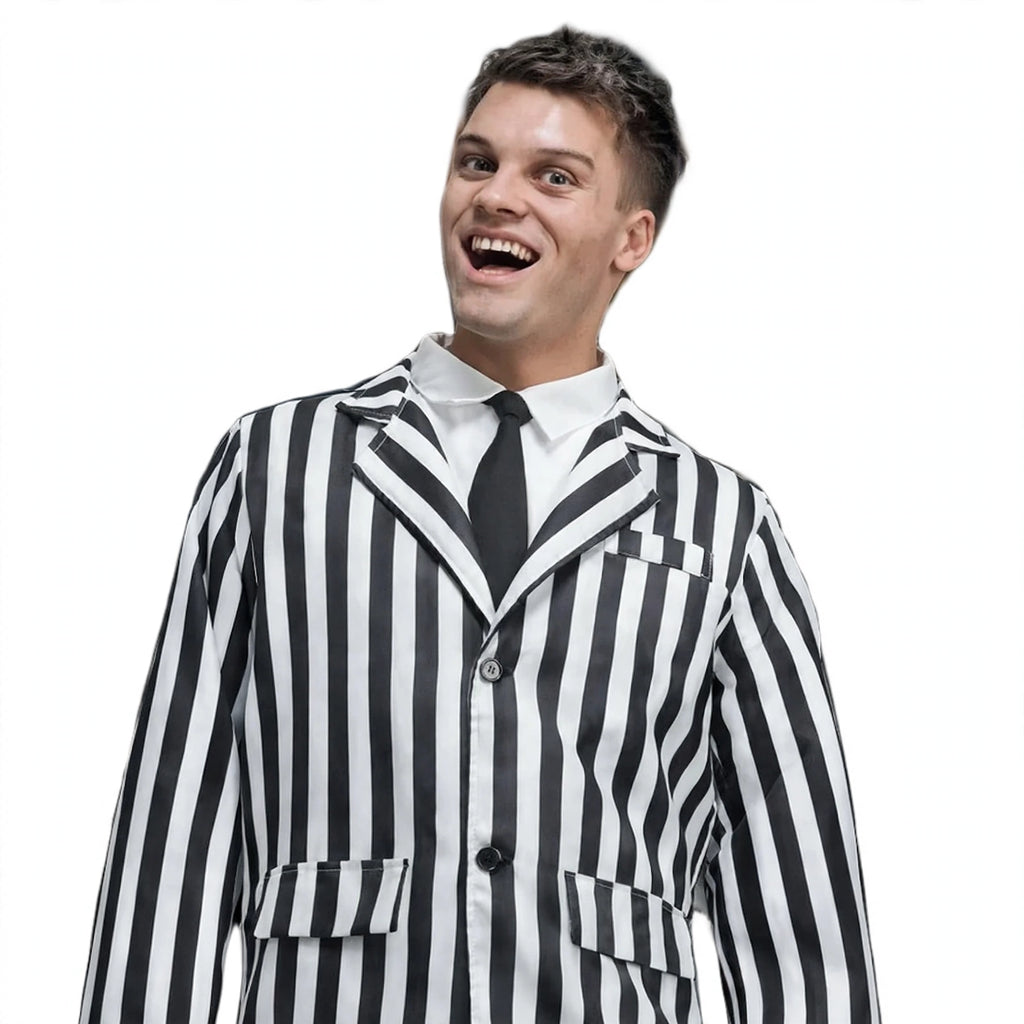 Close-up view of Beetlejuice black and white striped suit jacket and trousers