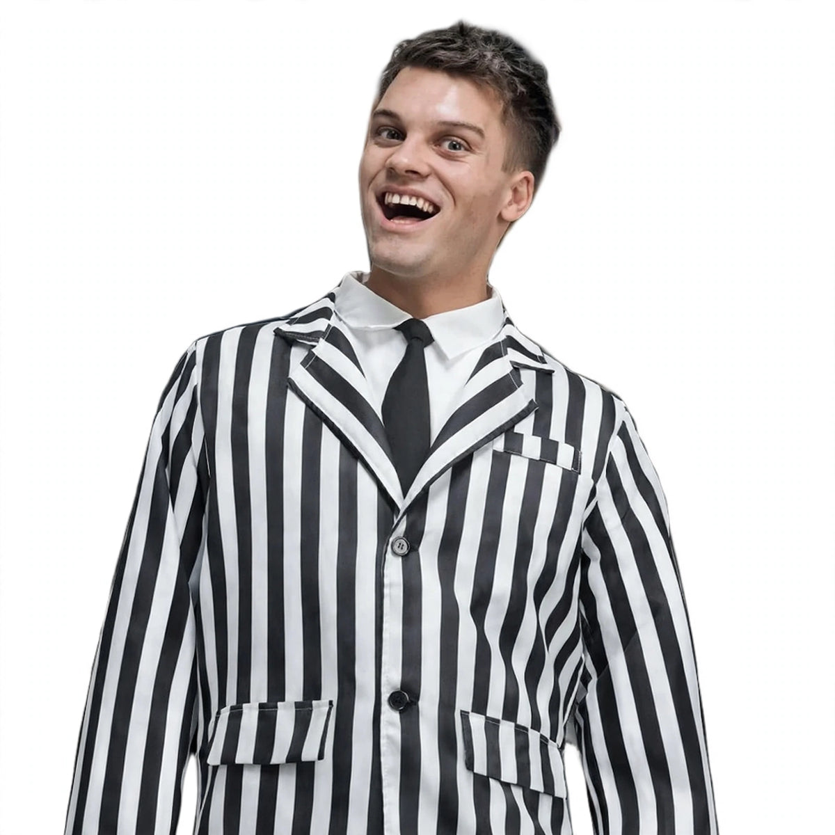 Close-up view of Beetlejuice black and white striped suit jacket and trousers
