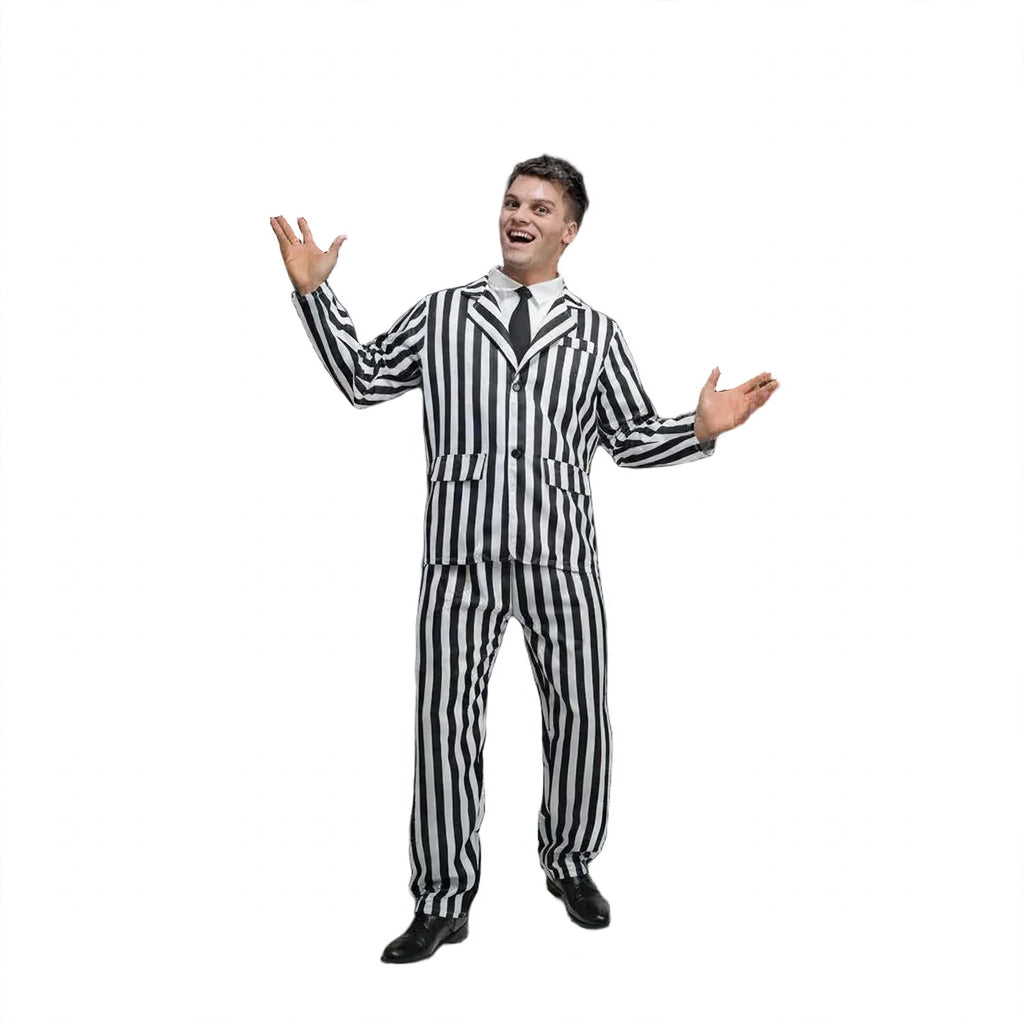 Adults Beetlejuice black and white striped suit with jacket and trousers