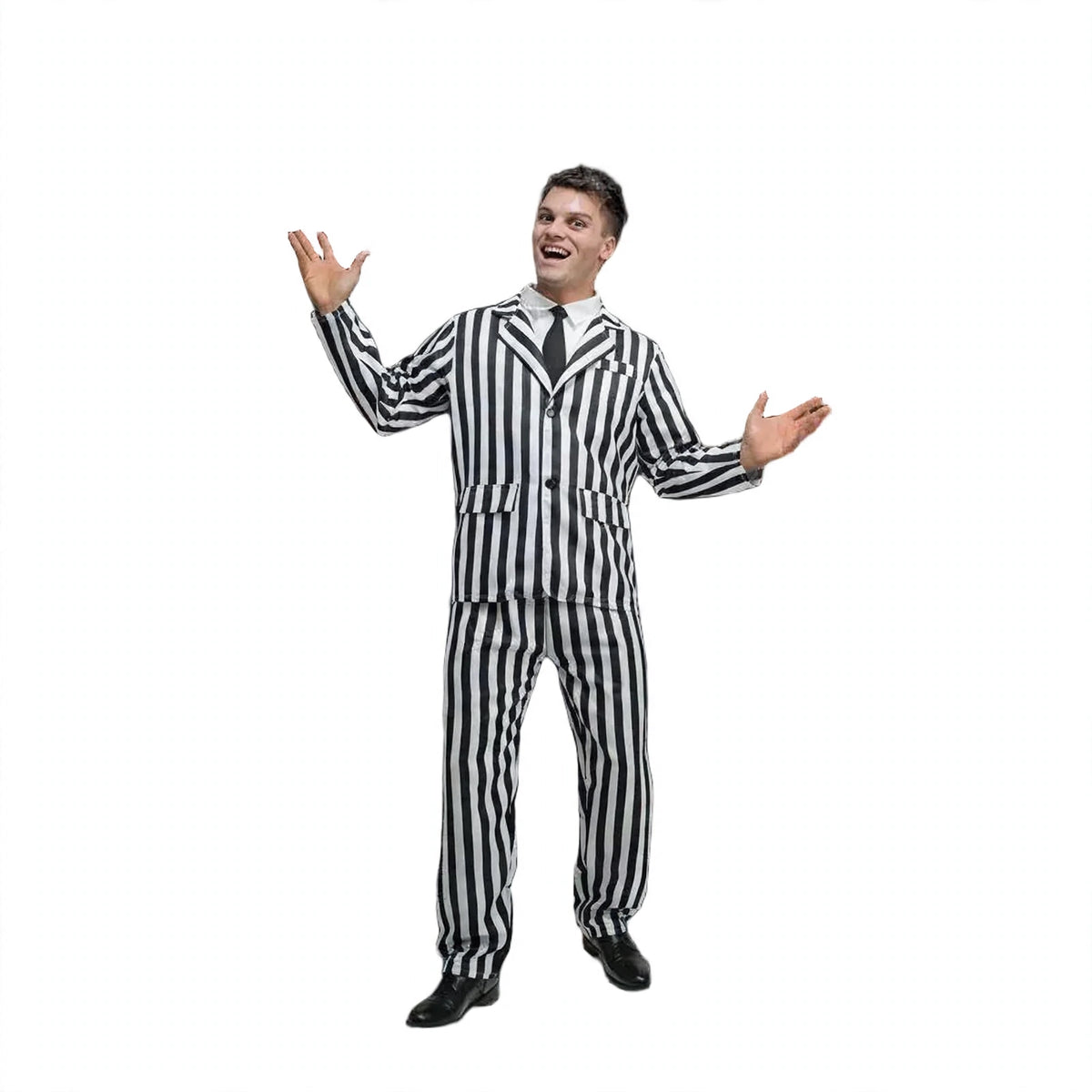 Adults Beetlejuice black and white striped suit with jacket and trousers