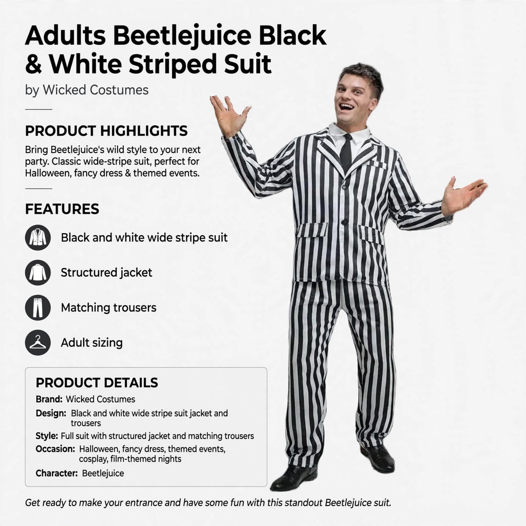 Infographic showing black and white wide stripe jacket and matching trousers features