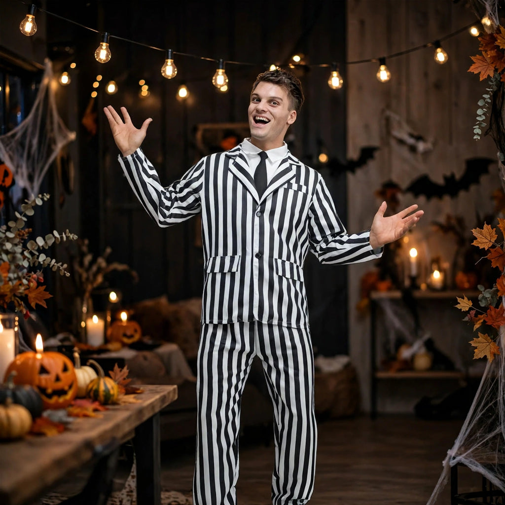 Person wearing Adults Beetlejuice black and white striped suit at a themed event