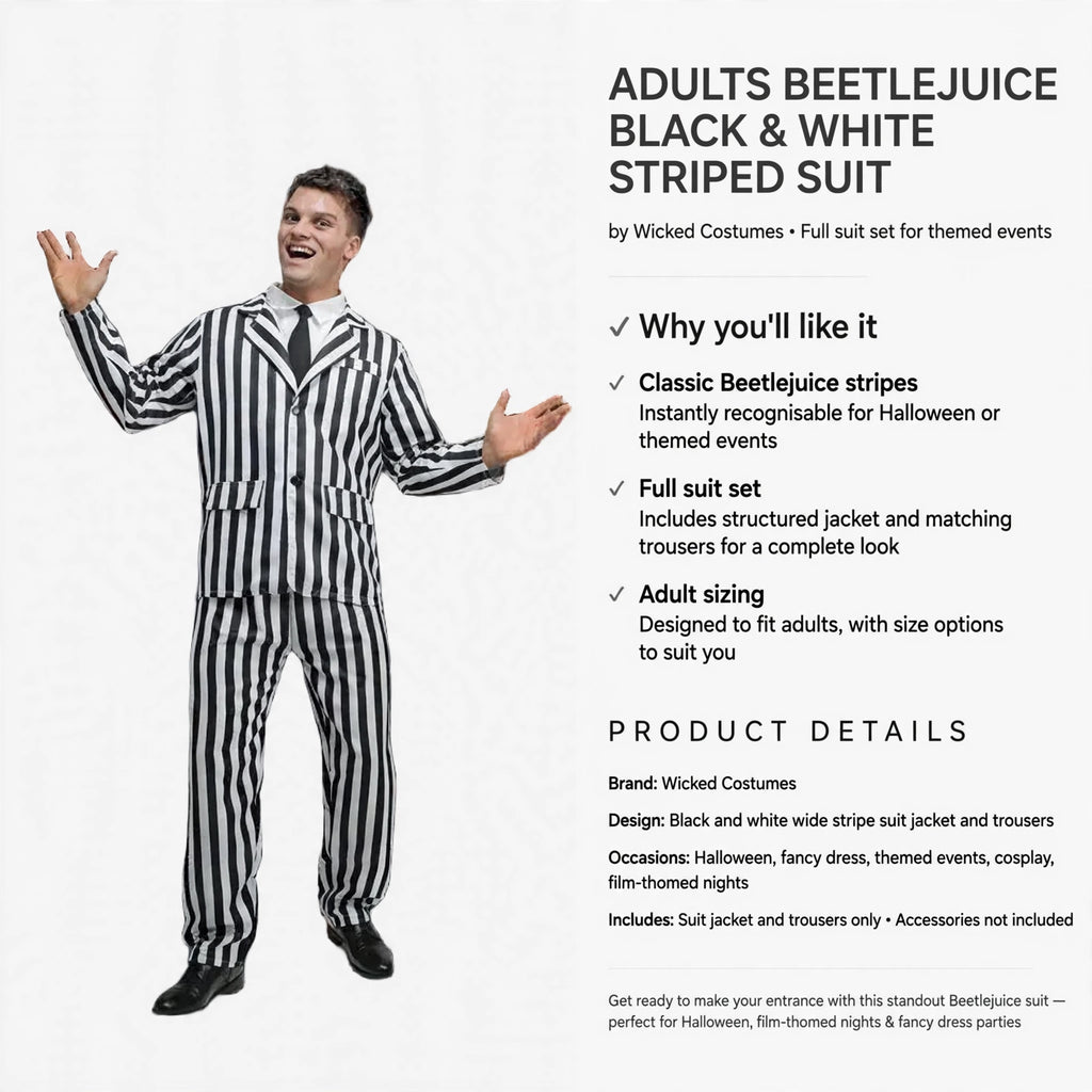 Adults Beetlejuice suit designed for Halloween and themed events by Wicked Costumes
