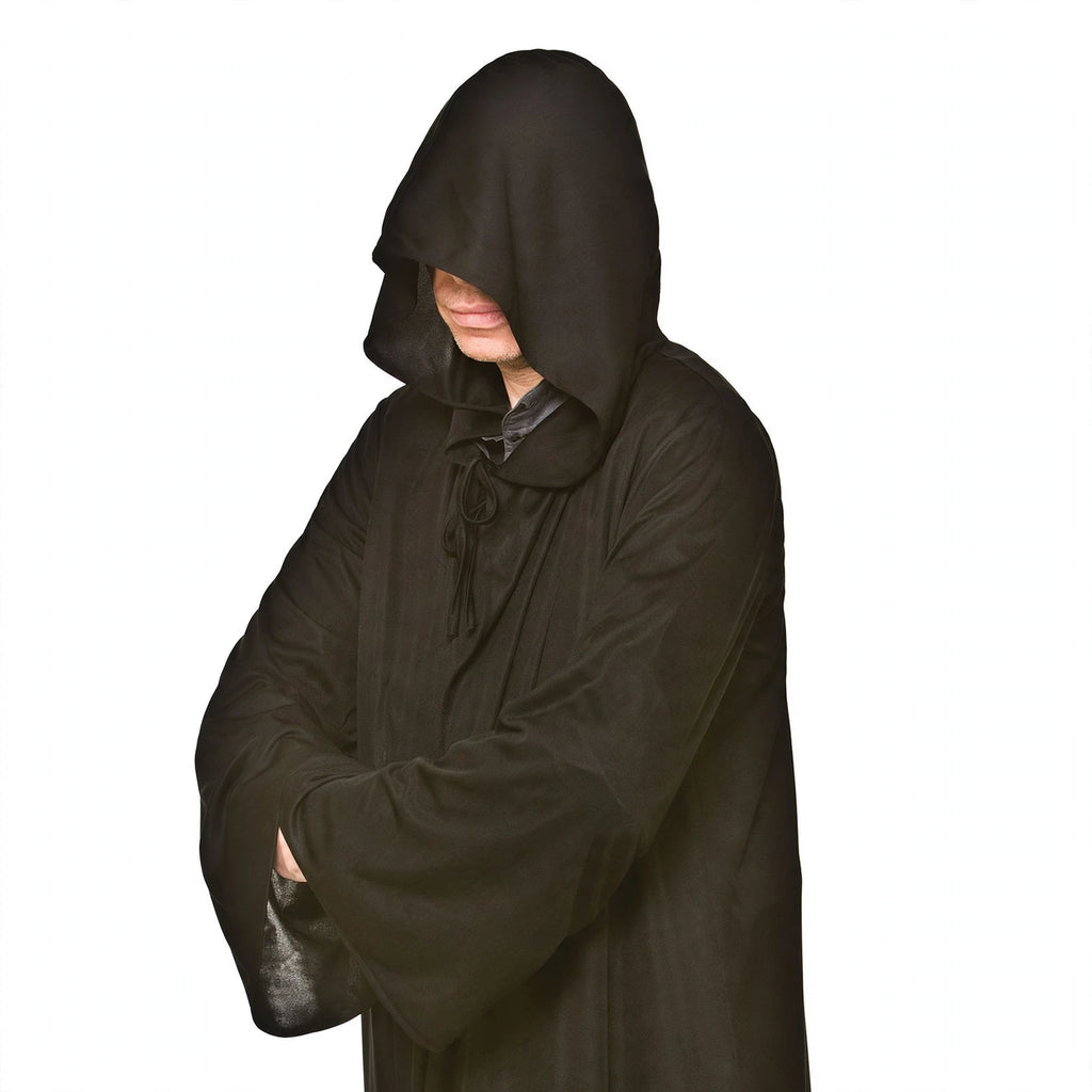 detail view of the black hooded robe showcasing its hood and fabric