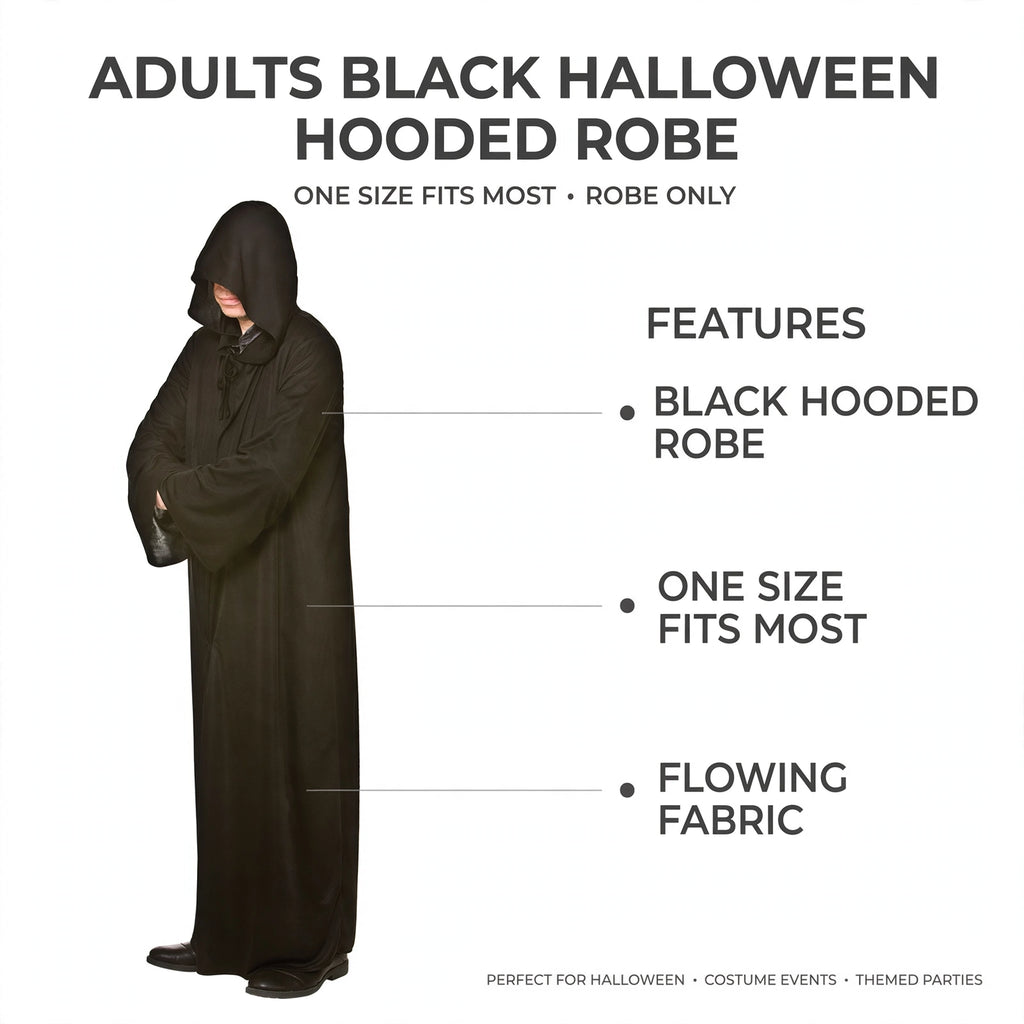 features of the black hooded robe including one size fits most and flowing fabric