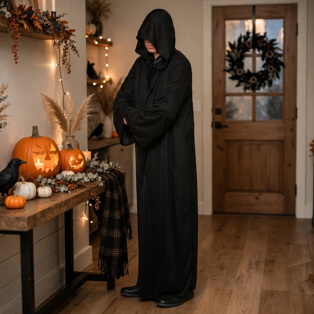 black hooded robe being worn at a Halloween event