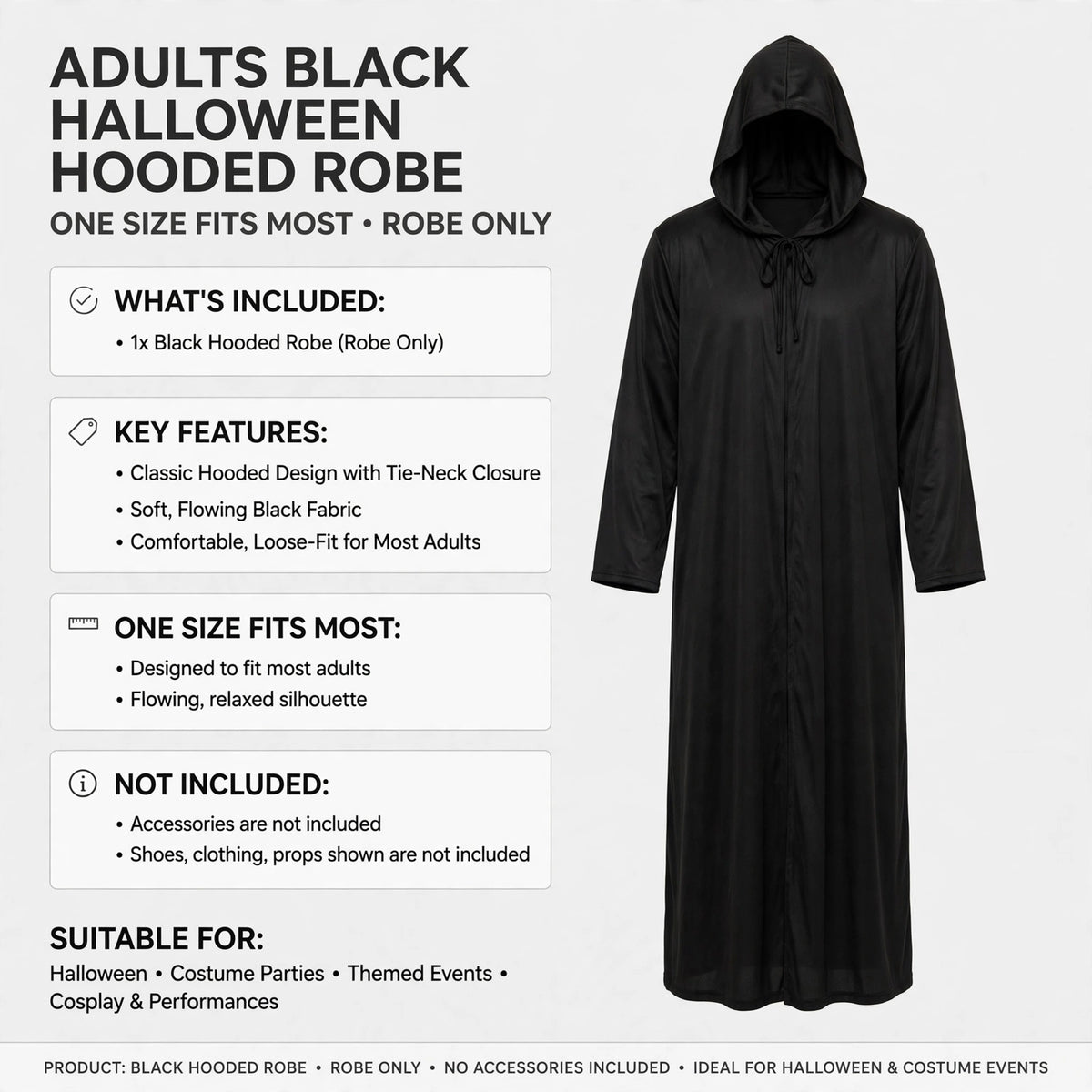 black hooded robe ideal for creating dramatic character looks for performances and themed parties