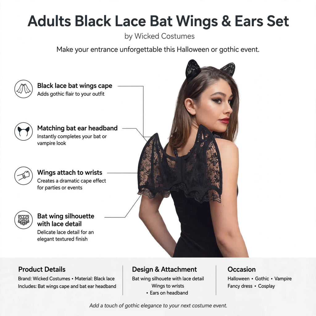 Infographic showing black lace bat wings cape with wrist attachments and matching bat ear headband