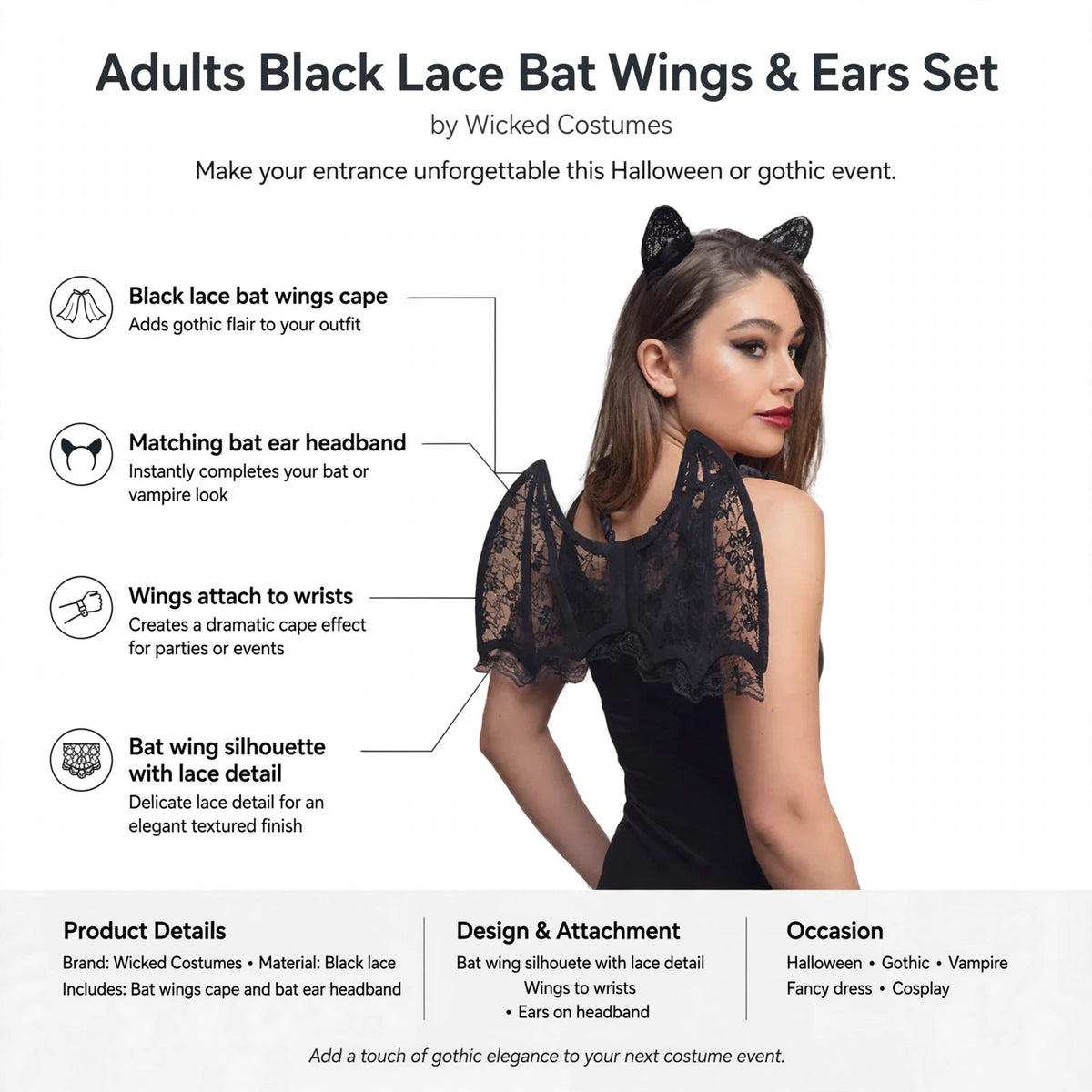 Infographic showing black lace bat wings cape with wrist attachments and matching bat ear headband