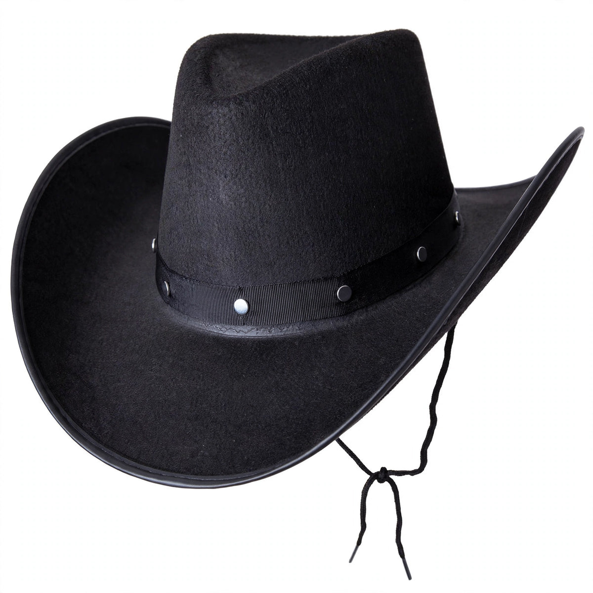 Close-up view of adults black Texan cowboy hat showing cattleman crease crown and bound brim