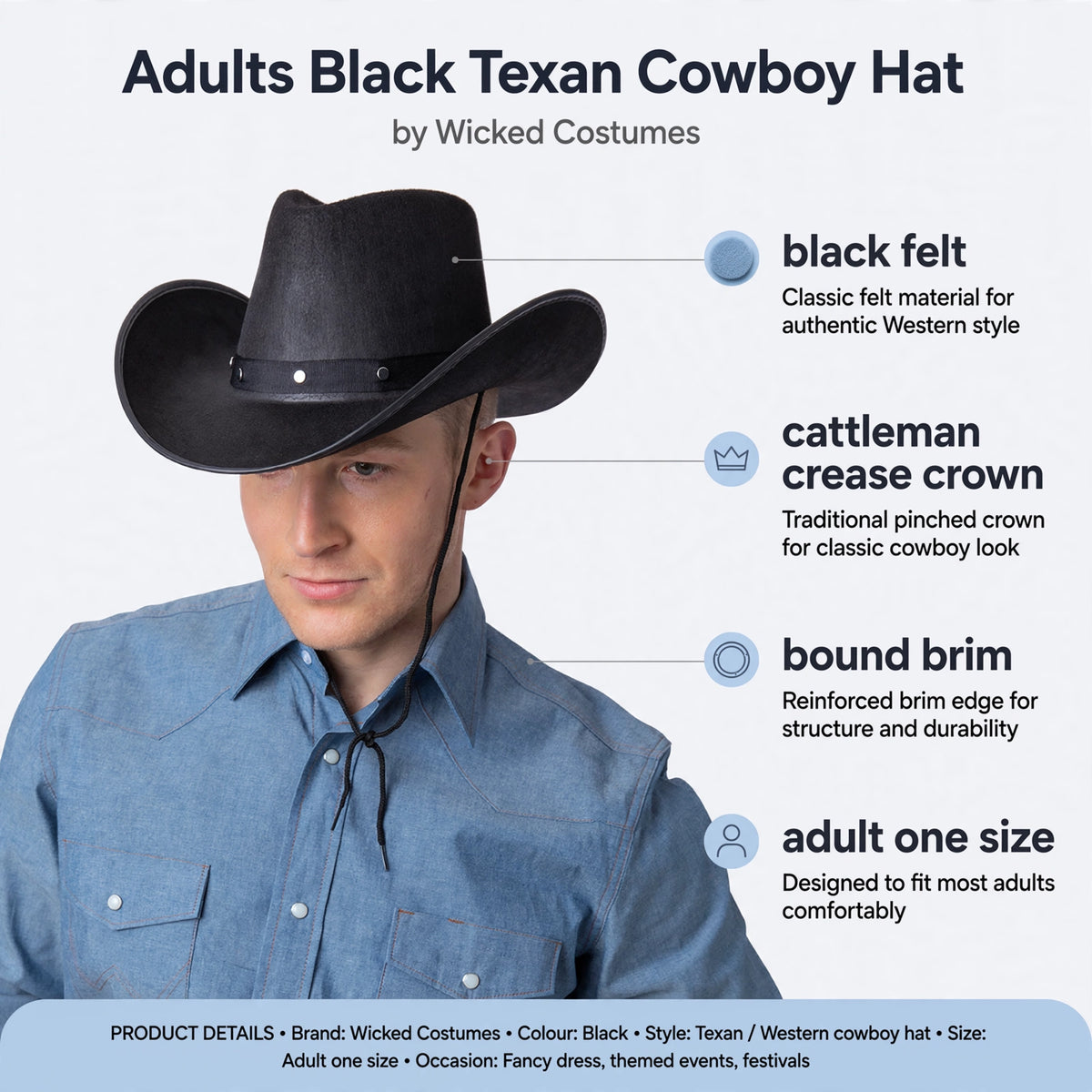 Features black felt, cattleman crease crown, bound brim, adult one size