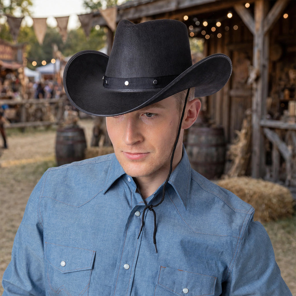 Adults black Texan cowboy hat worn for Western, cowboy, saloon, and sheriff themed parties