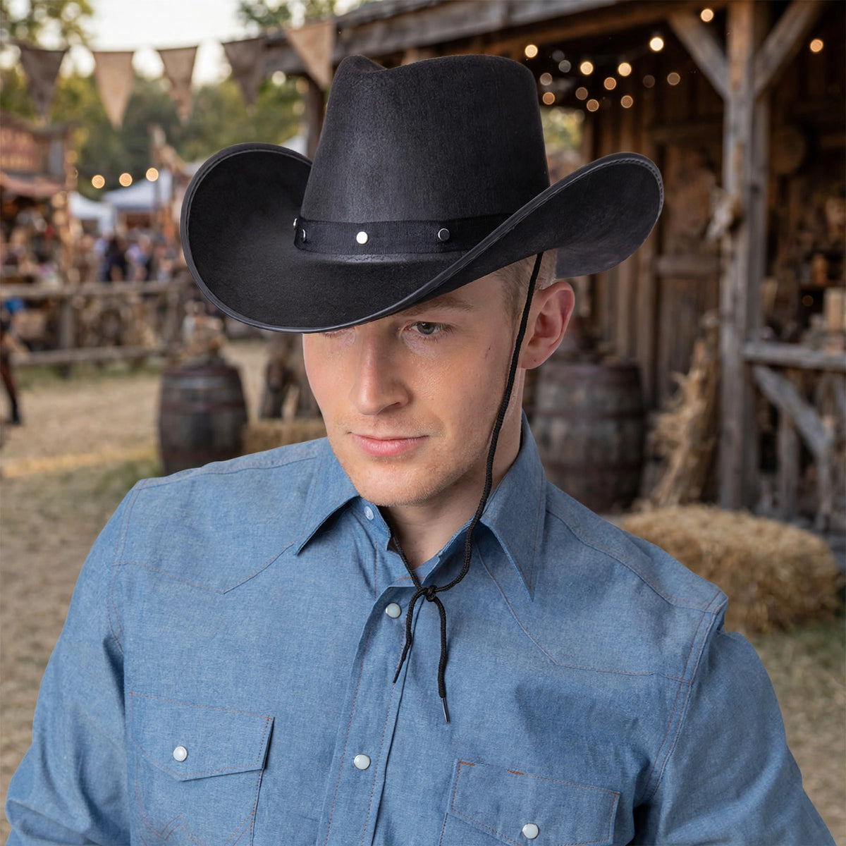 Adults black Texan cowboy hat worn for Western, cowboy, saloon, and sheriff themed parties
