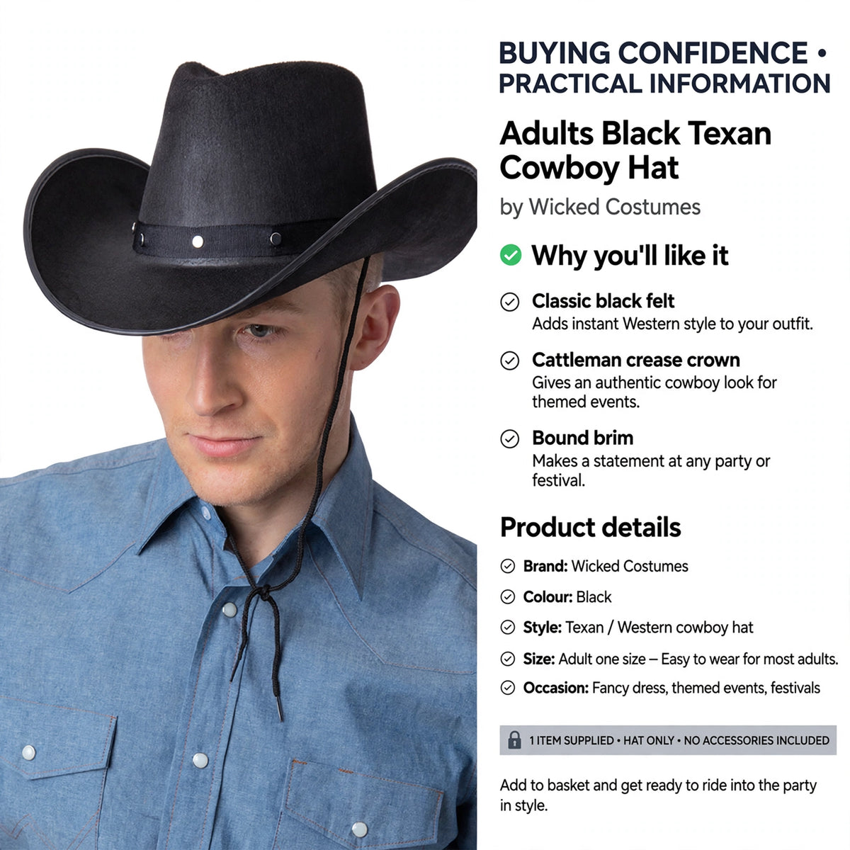 Adults black Texan cowboy hat suitable for fancy dress, themed events, and festivals