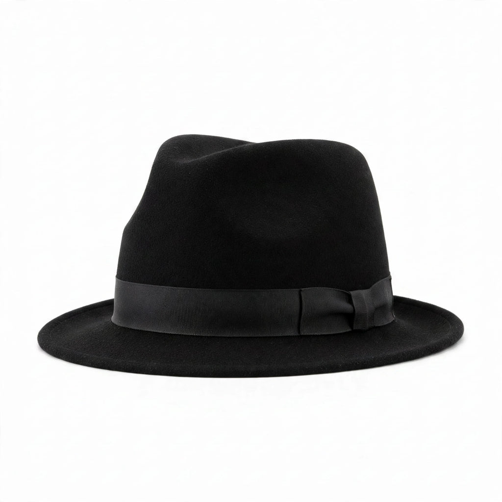 Adults black trilby fedora style hat with pinched crown and short brim