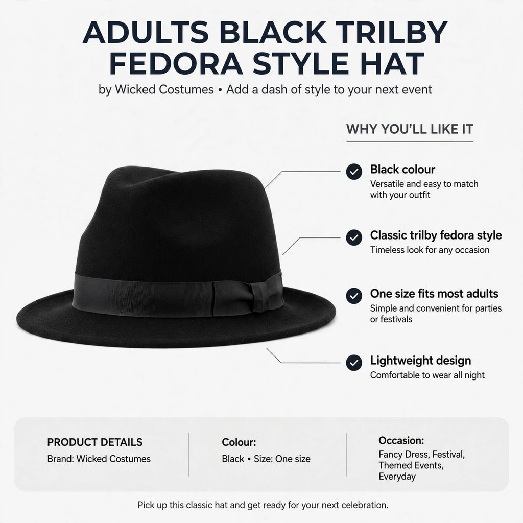 Infographic showing black colour, classic trilby fedora style, one size fits most adults, lightweight design
