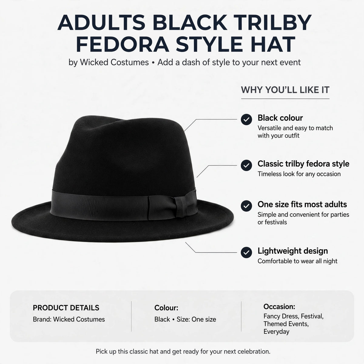 Infographic showing black colour, classic trilby fedora style, one size fits most adults, lightweight design