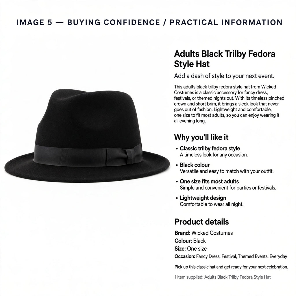 Adults black trilby fedora style hat suitable for fancy dress, festivals, themed events, and everyday wear