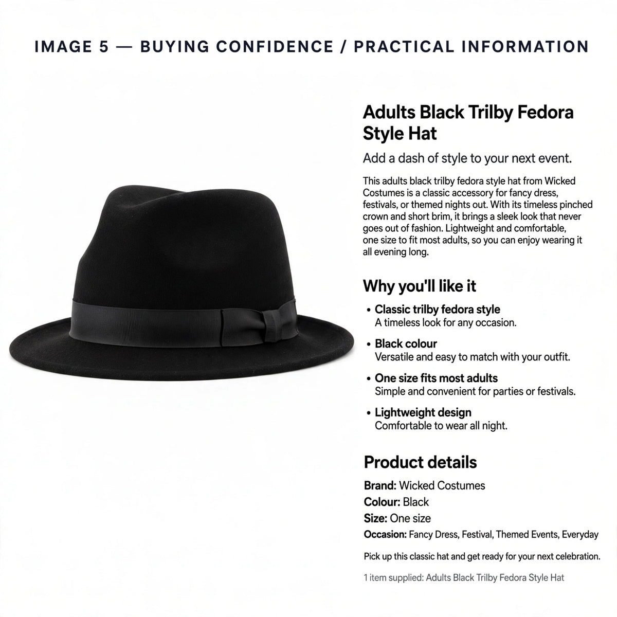 Adults black trilby fedora style hat suitable for fancy dress, festivals, themed events, and everyday wear