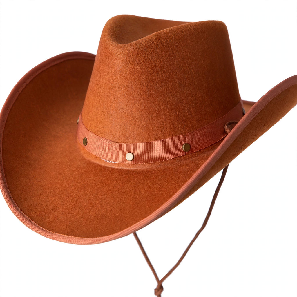 Close-up of brown Texan cowboy hat showing leather strap detailing
