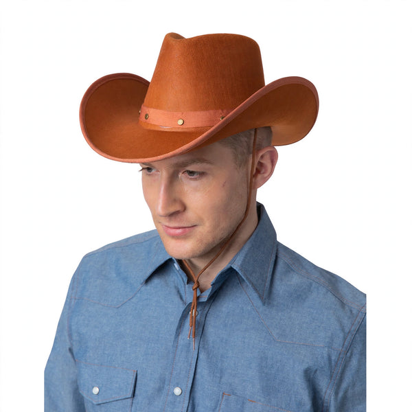 Adults Brown Texan Cowboy Hat with suede-finish styling and leather strap