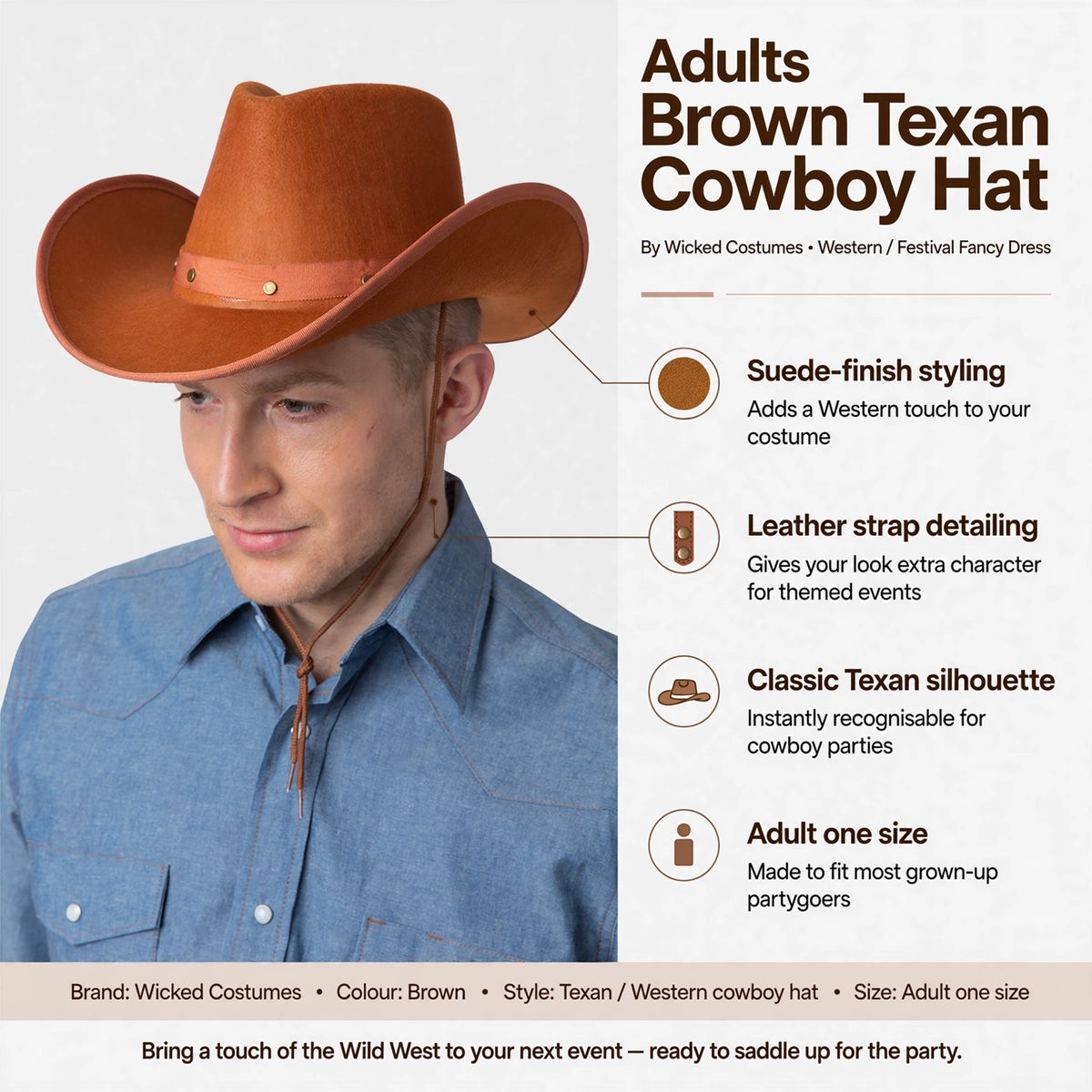 Features suede-finish styling, leather strap detailing, classic Texan silhouette, adult one size