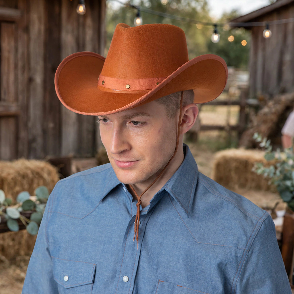 Brown Texan cowboy hat worn as part of a Western costume for themed events