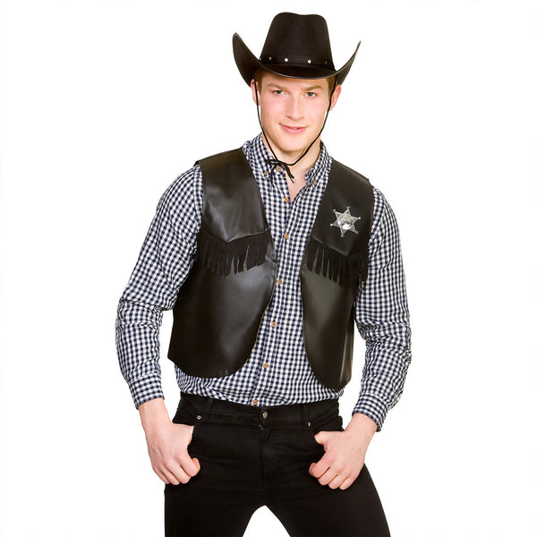 Adults sheriff and cowboy waistcoat in black with metallic buttons and sheriff's star badge