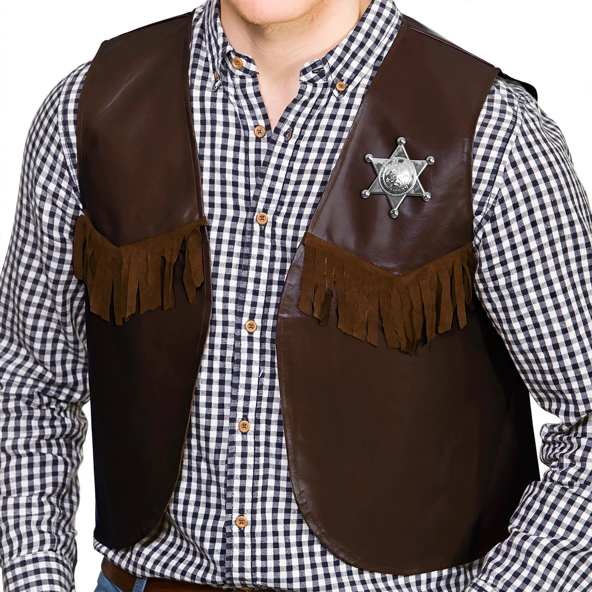 Close-up view of dark brown sheriff cowboy waistcoat showing leather-look accents and sheriff badge