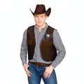Adults dark brown sheriff cowboy waistcoat with leather-look accents and engraved sheriff badge