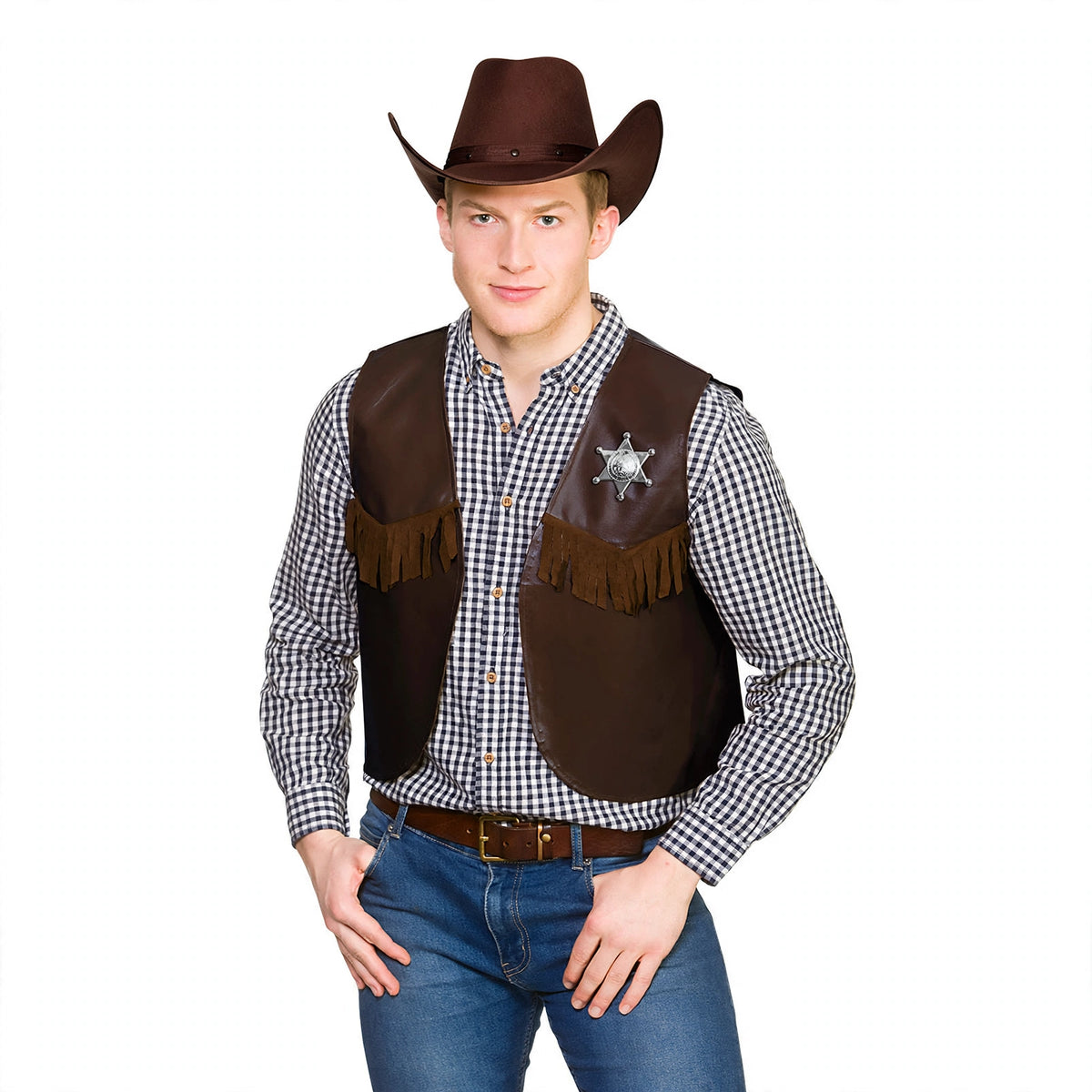 Adults dark brown sheriff cowboy waistcoat with leather-look accents and engraved sheriff badge