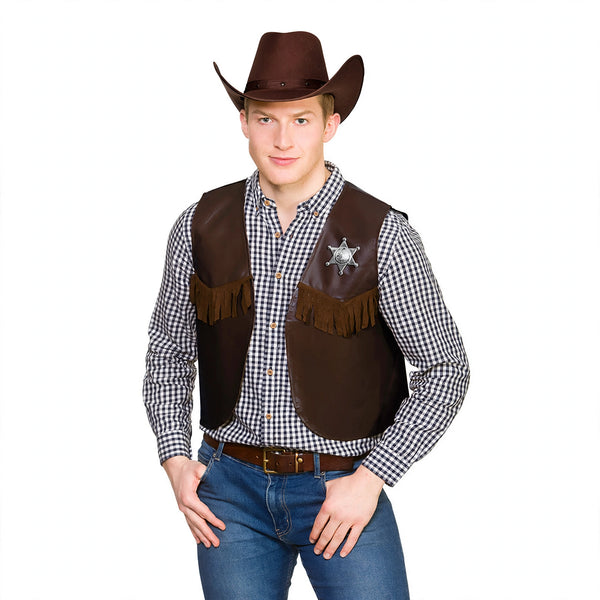 Adults dark brown sheriff cowboy waistcoat with leather-look accents and engraved sheriff badge