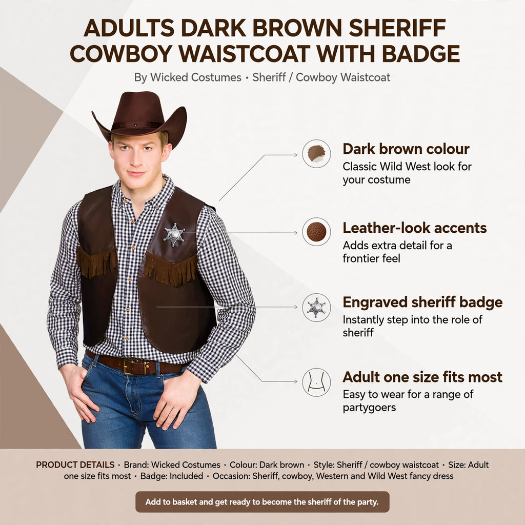 Features dark brown colour, leather-look accents, engraved sheriff badge, adult one size fits most