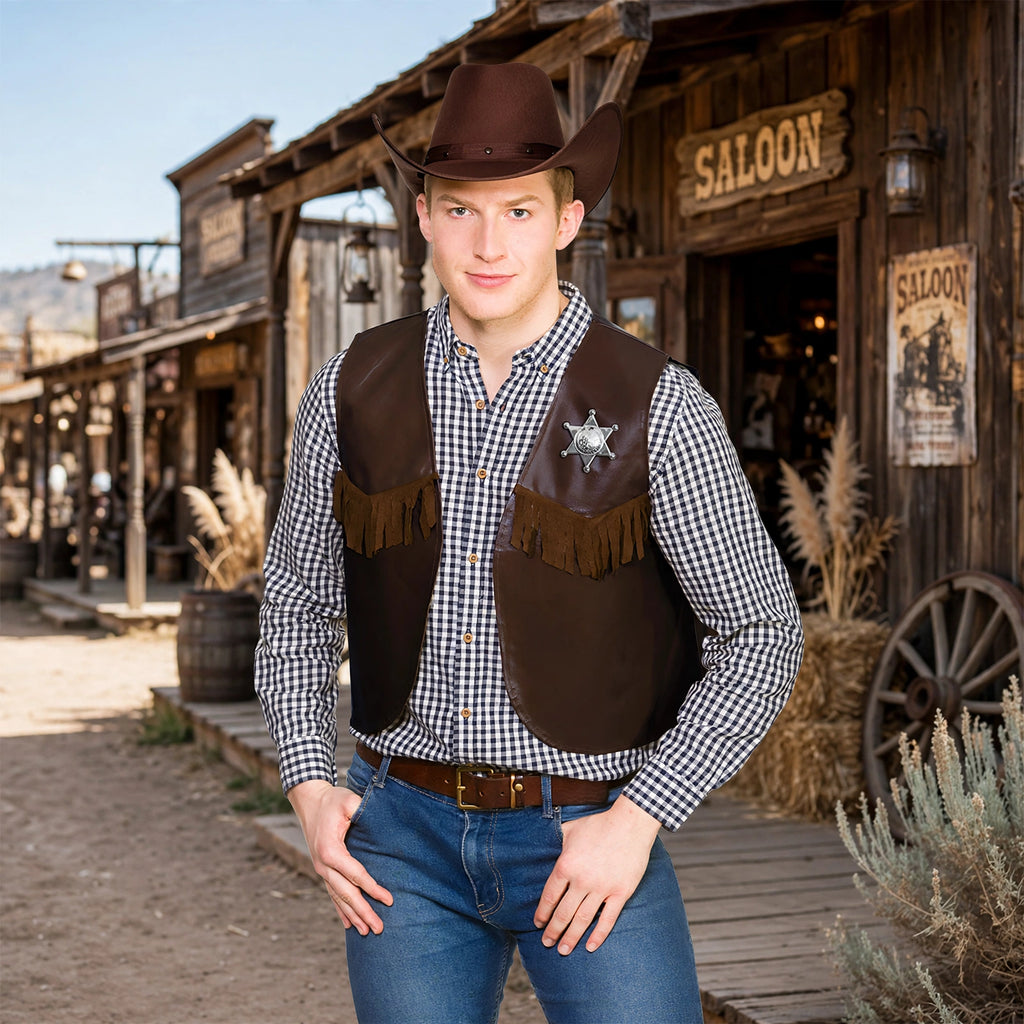 Person wearing adults dark brown sheriff cowboy waistcoat with badge at a Western fancy dress event