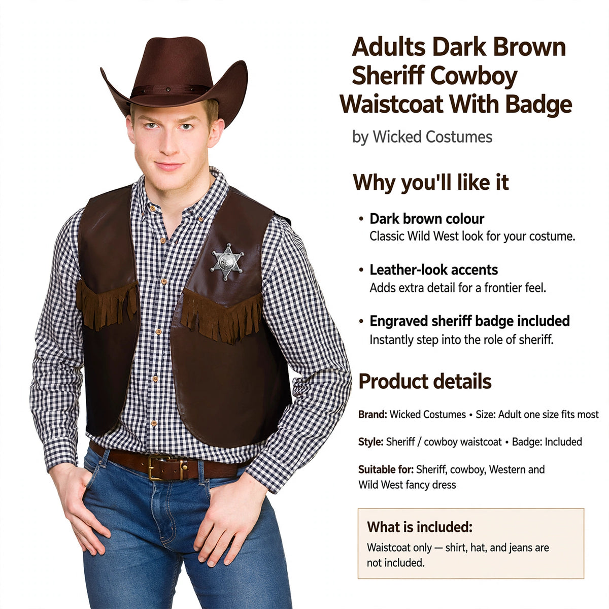 Adult one size fits most waistcoat with engraved sheriff badge for Western-themed fancy dress