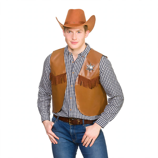 Adults sheriff cowboy waistcoat in light brown with sheriff badge