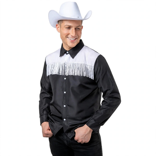 Adults cowboy shirt in black and white with snap buttons and contrast piping in large size