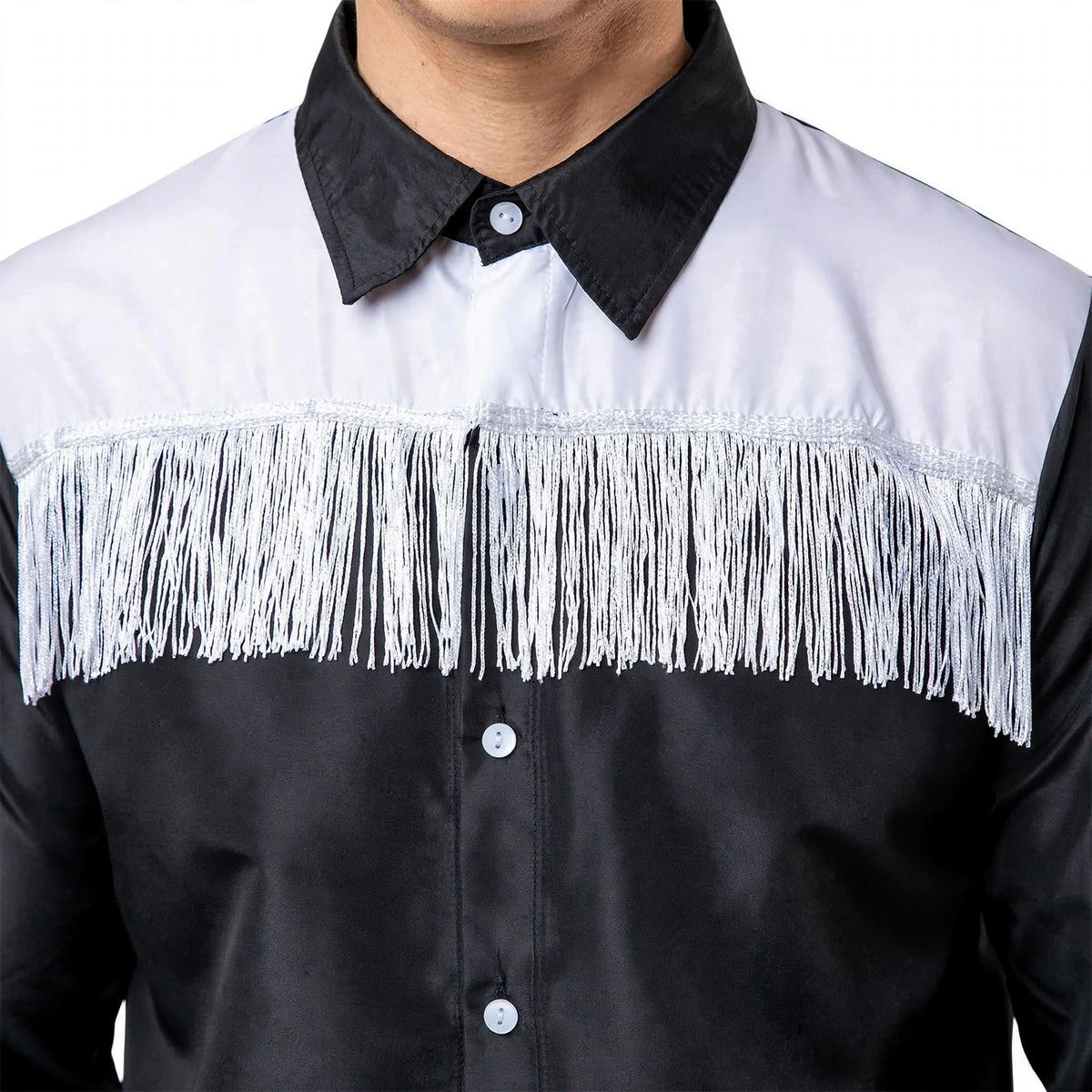 Close-up view of black and white adults cowboy shirt with pearl-effect snap buttons and contrast piping