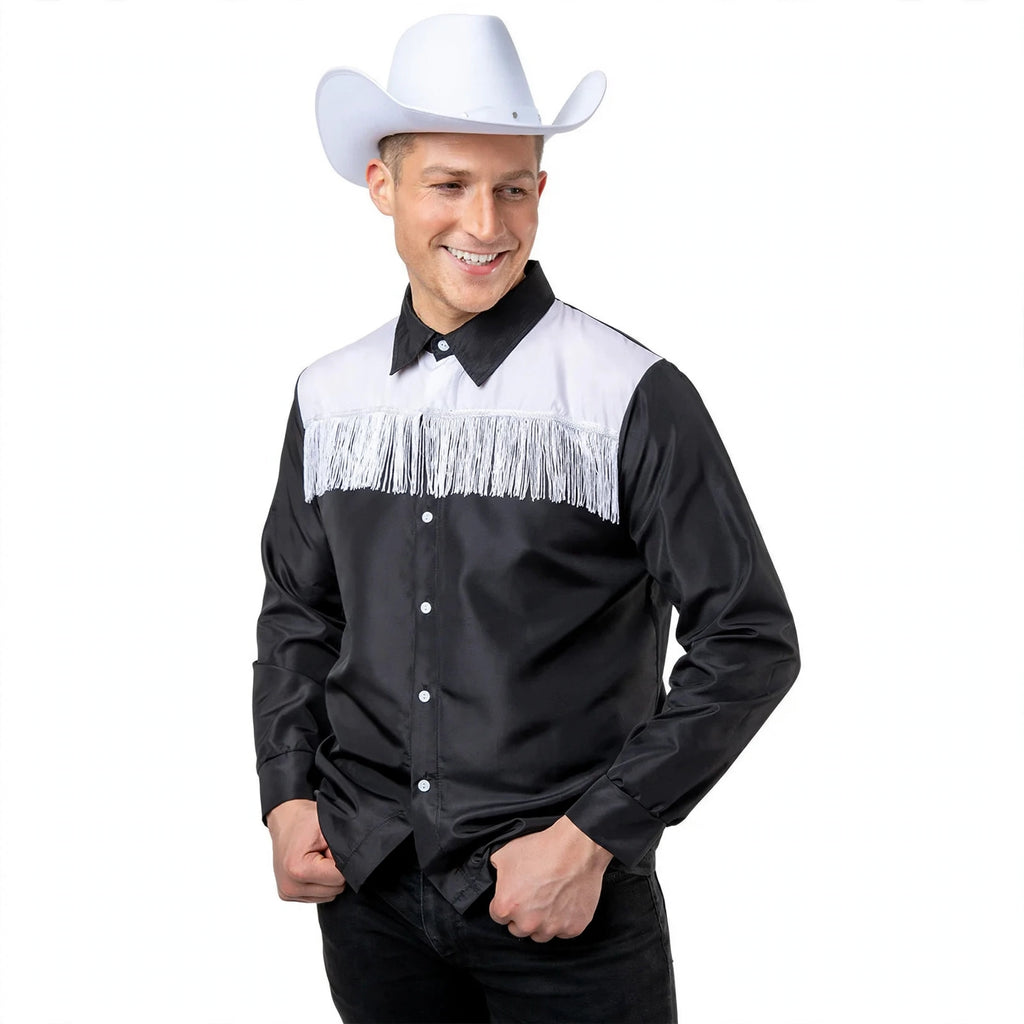 Adults cowboy shirt in black and white with pearl-effect snap buttons sized Medium