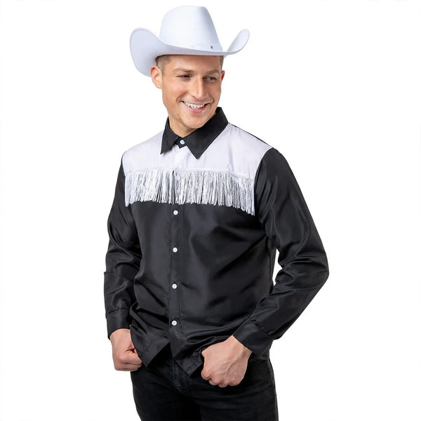 Adults cowboy shirt in black and white with pearl-effect snap buttons sized Medium