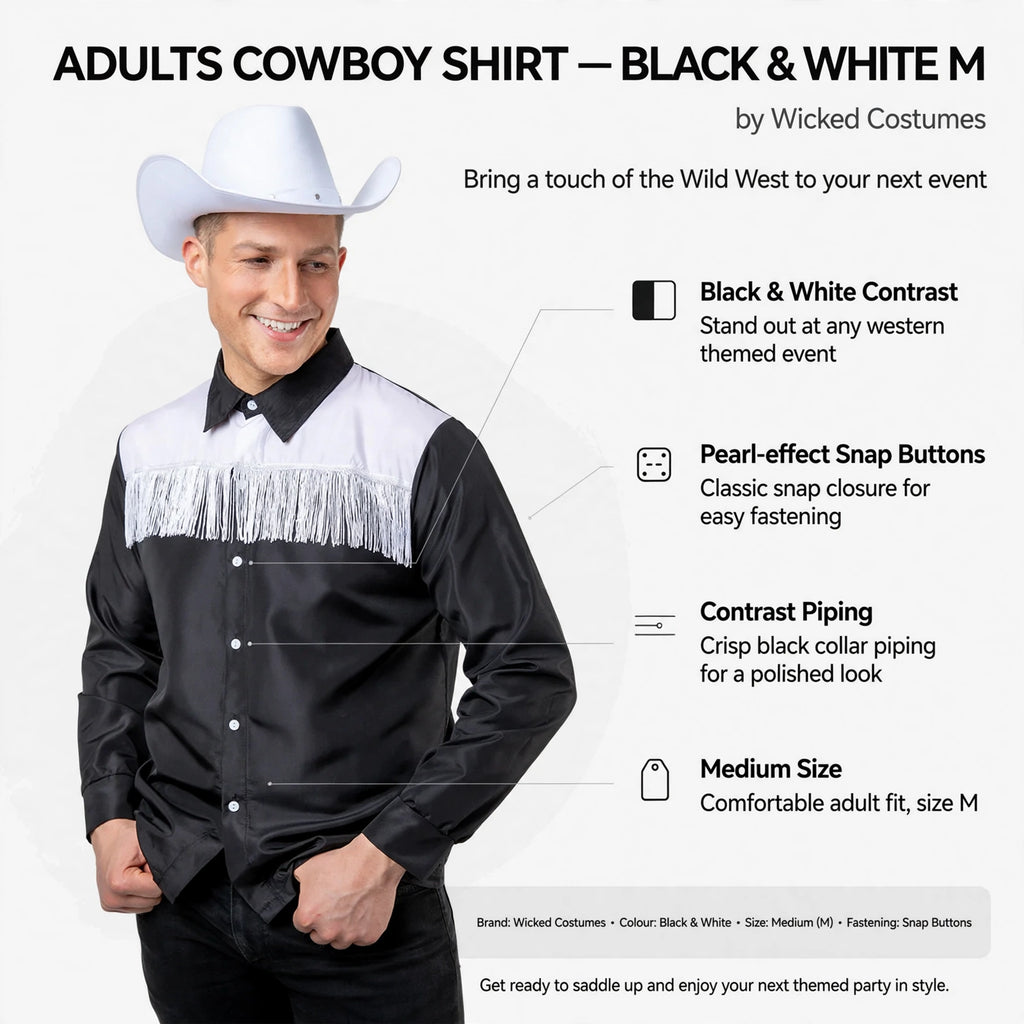 Infographic showing black and white contrast, pearl-effect snap buttons, contrast piping, and Medium size